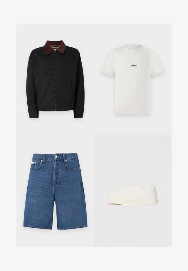Svart zip-up jakke med brun kordfløyelskrage, to frontlommer og en brystlomme, vist mot en enkel hvit bakgrunn.; Hvit bomulls-t-skjorte med korte ermer, med en svart "JJ Studios" logo på brystet. Rund hals og standard passform.; Dongeribukser i mørkeblå med lige snit, fem-lomme design og synlige syninger. Har en frontknap og lynlåslukning.; Hvite slip-on joggesko med teksturert overflate, tykk såle og minimalistisk design. Har merkevarelogo på siden.