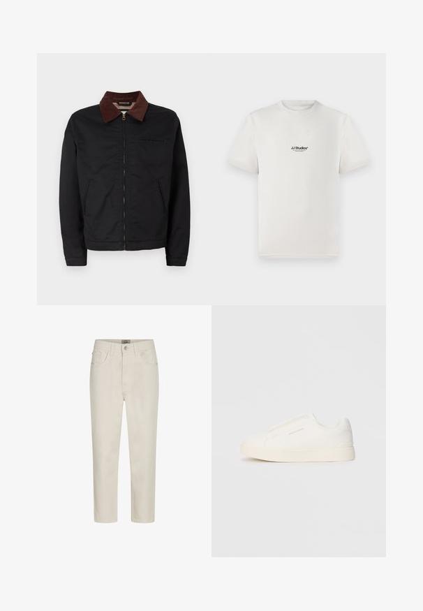 Jaqueta preta com fecho éclair, colarinho de veludo cotelê castanho, dois bolsos frontais e um bolso no peito, exibida sobre um fundo branco liso.; T-shirt de algodão branca com mangas curtas, apresentando um logótipo preto "JJ Studios" no peito. Design de gola redonda e ajuste padrão.; Jeans beige de perna reta com botão frontal, passantes para cinto e design de cinco bolsos, exibidos sobre um fundo branco.; Sapatilhas brancas de atacar com uma superfície texturizada, sola grossa e design minimalista. Possui o logo da marca na lateral.