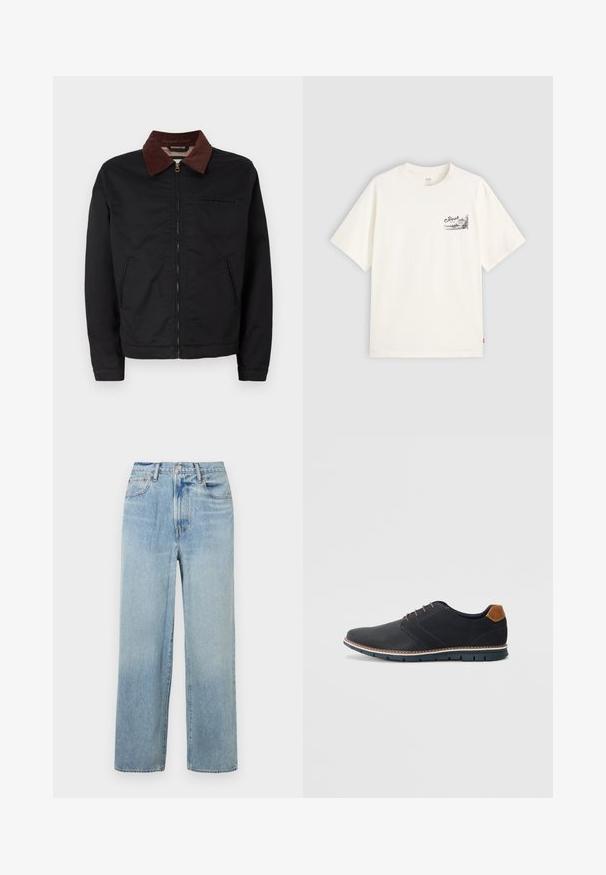 Fekete cipzáras dzseki barna kordbársony gallérral, két elülső zsebbel és egy mellzsebbel, egy sima fehér háttér előtt bemutatva.; Fehér, rövid ujjú pamut póló, fekete grafikai dizájnnal a bal mellrészen, rajta a "Fresh" szóval.; Világoskék, egyenes szárú farmernadrág magas derekú fazonnal, öt zsebből álló kialakítással és enyhe kopással. Nyers szegés és kontrasztos varrási részletek.; Fekete szintetikus cipők, textúrált felsőrésszel, sima díszítésekkel, barna sarkával és kontrasztos talppal. Minimális fűzéssel és varrási részletekkel rendelkezik.