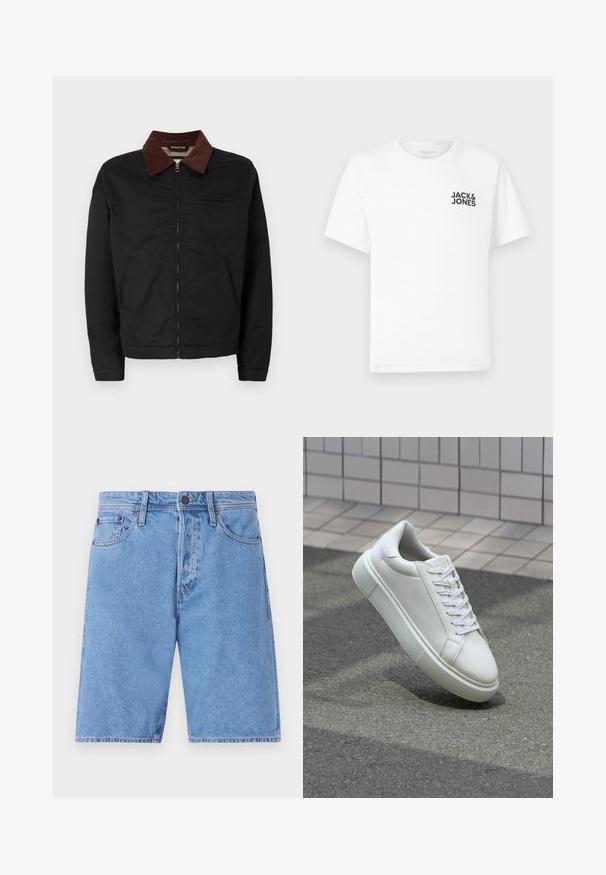 Jaqueta preta com fecho éclair, colarinho de veludo cotelê castanho, dois bolsos frontais e um bolso no peito, exibida sobre um fundo branco liso.; T-shirt de algodão branco, mangas curtas, com decote redondo. Apresenta o logotipo em texto preto "JACK & JONES" na área do peito esquerdo. Design simples e liso.; Calções de ganga azul claro com um design clássico de cinco bolsos, fecho de botão e corte reto, apresentando uma textura desbotada e acabamentos em costura.; Tênis de couro branco com superfície lisa, bico redondo e cadarços brancos planos. Apresenta uma sola de borracha texturizada e elementos de design minimalistas.