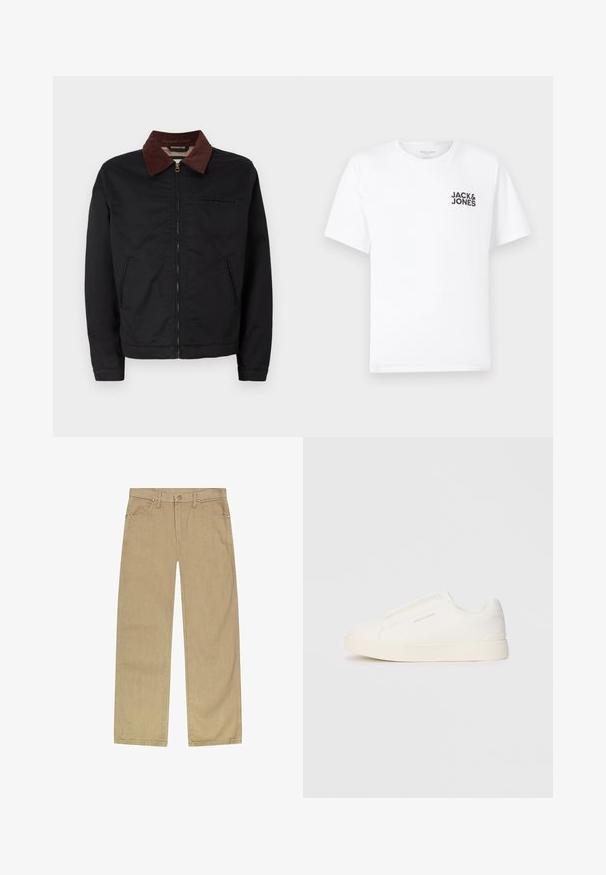 Jaqueta preta com fecho éclair, colarinho de veludo cotelê castanho, dois bolsos frontais e um bolso no peito, exibida sobre um fundo branco liso.; T-shirt de algodão branco, mangas curtas, com decote redondo. Apresenta o logotipo em texto preto "JACK & JONES" na área do peito esquerdo. Design simples e liso.; Calças de sarja de algodão bege com um design de perna reta, cinco bolsos, fecho frontal com botão e rebites em tom cobre para durabilidade.; Sapatilhas brancas de atacar com uma superfície texturizada, sola grossa e design minimalista. Possui o logo da marca na lateral.