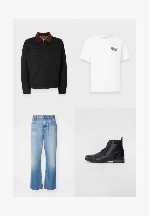 Melnas zip-up jaka ar brūnu korduroja apkakli, divām priekšējām kabatām un vienu krūšu kabatu, izvietota uz vienkārša balta fona.; Balts kokvilnas t-krekls, īsām piedurknēm, apaļo kakla izgriezumu. Uz kreisās krūts daļas ir melna teksta druka "JACK & JONES". Vienkāršs, bezpušķains dizains.; Gai zila denim flared džinsi ar augstu jostu, izgaismotu apdari, piecām kabatām un kontrastējošu šuvumu. Klasiska pogu un rāvējslēdzēja aizdare.; Melna ādas potīšu zābaku ar auklēm priekšā, noapaļots purns, plakana gumijas zole un neliela cilpa aizmugurē. Satur smalku logotipu sānos.