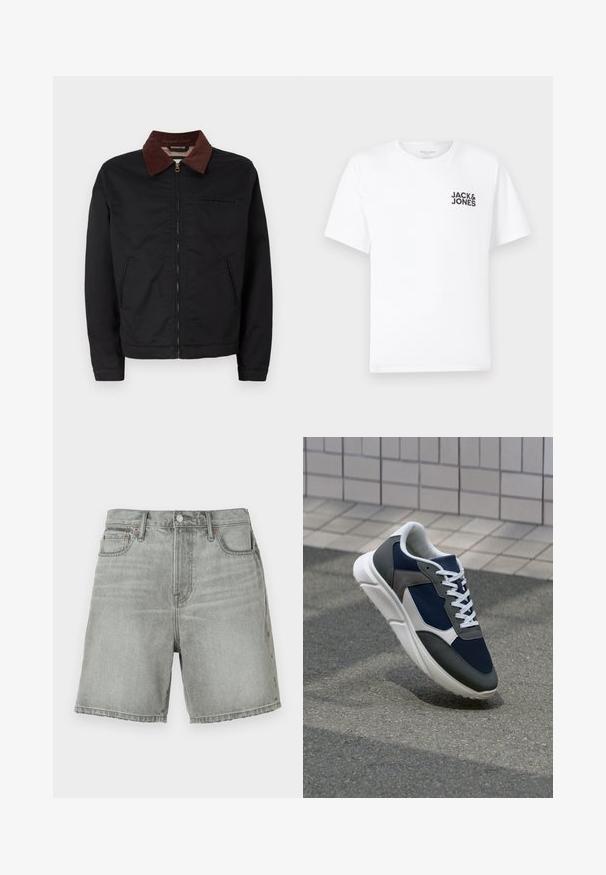 Melnas zip-up jaka ar brūnu korduroja apkakli, divām priekšējām kabatām un vienu krūšu kabatu, izvietota uz vienkārša balta fona.; Balts kokvilnas t-krekls, īsām piedurknēm, apaļo kakla izgriezumu. Uz kreisās krūts daļas ir melna teksta druka "JACK & JONES". Vienkāršs, bezpušķains dizains.; Pelēki džinsu šorti ar klasisko griezumu, ar pogu aizdari, priekšējām kabatām un neapstrādātu malu. Audumam ir maigs izbalējums.; Sporta apavi ar tumši zilas krāsas tīkla augšdaļu, pelēku zamšādas akcentiem, baltu gumijas zoli un plakaniem baltiem šņorēm, kas izstrādāti komfortam un elpojamībai.