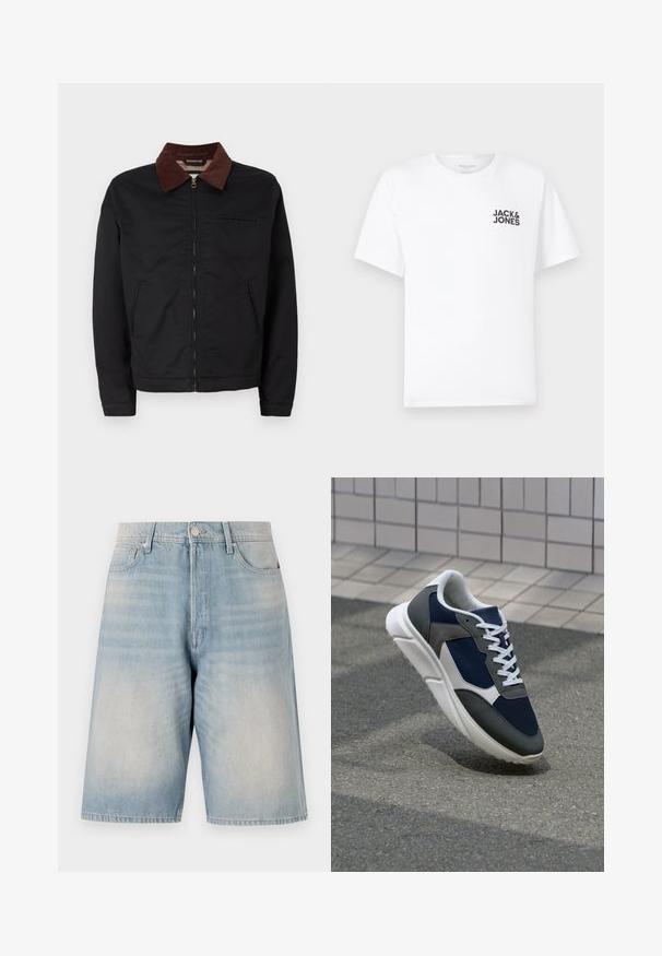 Jaqueta preta com fecho éclair, colarinho de veludo cotelê castanho, dois bolsos frontais e um bolso no peito, exibida sobre um fundo branco liso.; T-shirt de algodão branco, mangas curtas, com decote redondo. Apresenta o logotipo em texto preto "JACK & JONES" na área do peito esquerdo. Design simples e liso.; Calções de ganga azul claro com um corte descontraído. Apresenta um fecho de botão, passantes para cinto e dois bolsos frontais. Textura desbotada por todo o lado.; Sapatilha com parte superior em malha azul-marinho, detalhes em camurça cinza, sola de borracha branca e atacadores brancos planos, projetada para conforto e respirabilidade.