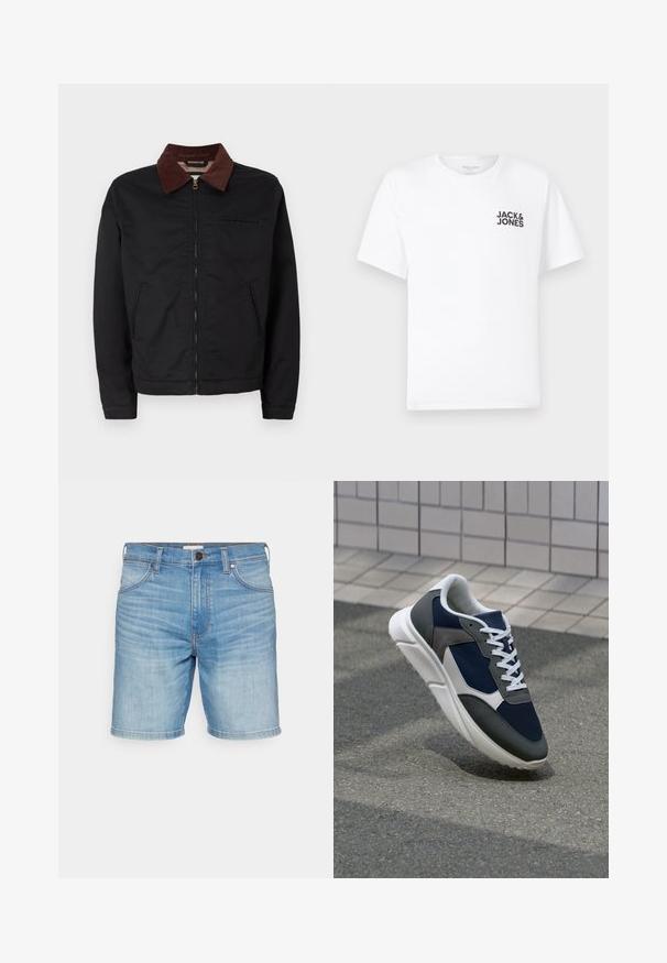 Crna jakna na zatvaranje sa rajsferšlusom i ovratnikom od smeškastog pamuka, sa dva prednja džepa i jednim džepom na grudima, prikazana na jednostavnoj beloj pozadini.; Bijela pamučna majica, kratki rukavi, okrugli izrez. Sadrži crni tekstualni logo "JACK & JONES" na lijevoj strani prsnog dijela. Jednostavan, običan dizajn.; Wrangler FRONTIER - Kratke hlače od trapera - johnny; Tenisice s gornjim dijelom od mrežastog materijala tamnoplave boje, siva antilopova naglašavanja, bijela gumena potplat i ravne bijele vezice, dizajnirane za udobnost i prozračnost.