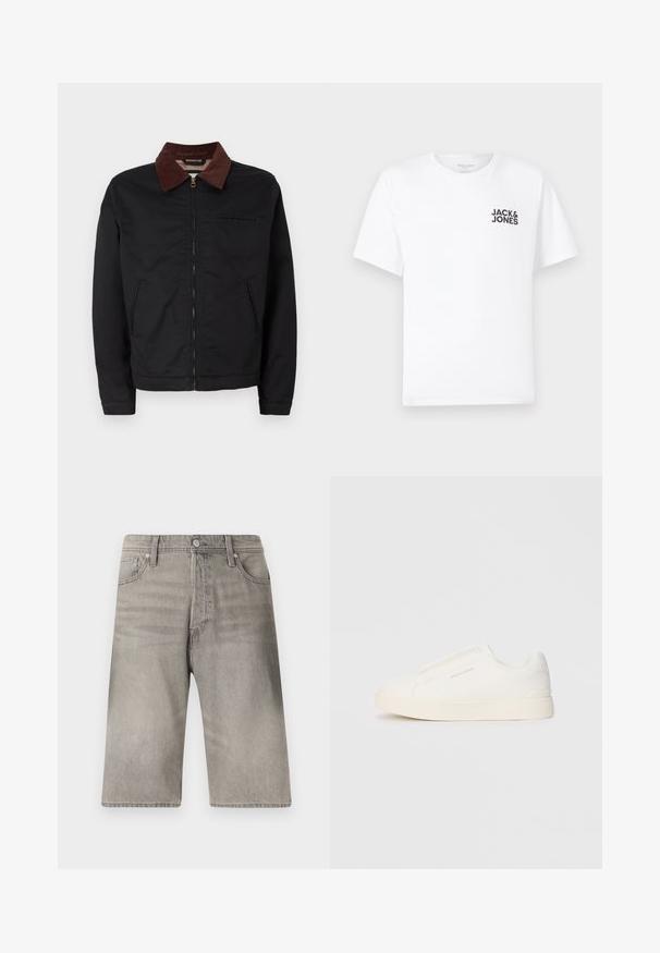 Jaqueta preta com fecho éclair, colarinho de veludo cotelê castanho, dois bolsos frontais e um bolso no peito, exibida sobre um fundo branco liso.; T-shirt de algodão branco, mangas curtas, com decote redondo. Apresenta o logotipo em texto preto "JACK & JONES" na área do peito esquerdo. Design simples e liso.; Calções de ganga cinza com corte reto, apresentando uma fecho de botão, cinco bolsos e um leve desbotamento em todo o tecido.; Sapatilhas brancas de atacar com uma superfície texturizada, sola grossa e design minimalista. Possui o logo da marca na lateral.