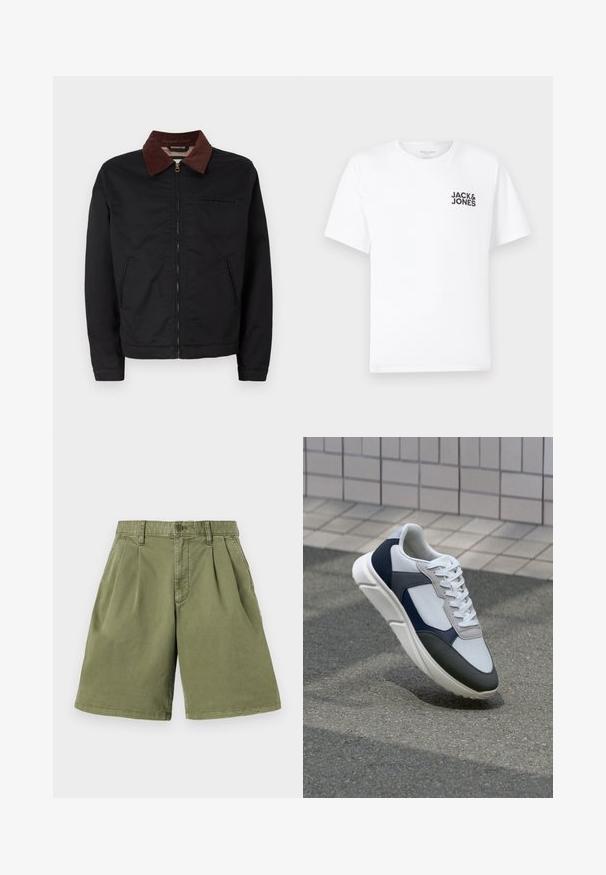 Schwarze Zip-Jacke mit braunem Cordkragen, zwei vorderen Taschen und einer Brusttasche, auf einem schlichten weißen Hintergrund präsentiert.; Weißes Baumwoll-T-Shirt mit kurzen Ärmeln und Rundhalsausschnitt. Enthält ein schwarzes Textlogo "JACK & JONES" auf der linken Brustseite. Einfaches, schlichtes Design.; Khaki-Shorts mit Vorderfalten, aus einem Baumwollmischgewebe gefertigt. Mit Gürtelschlaufen und Knopfverschluss, gerader Beinschnitt und sauberem Saum.; Weißer, marineblauer und grauer Sneaker mit einem Materialmix-Design, das ein strukturiertes Obermaterial, flache Schnürsenkel und eine gepolsterte Sohle aufweist.