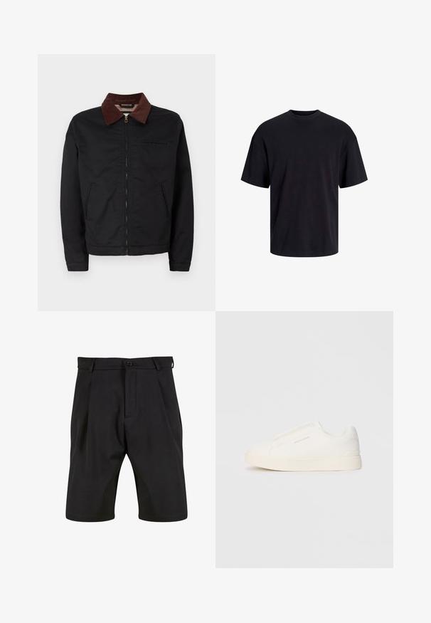Zwarte ritsjack met bruine corduroy kraag, twee voorzakken en één borstzak, weergegeven op een effen witte achtergrond.; Zwarte katoenen t-shirt met een ronde halslijn, korte mouwen en een relaxte pasvorm. Glad textuur en geen zichtbare patronen of accenten.; Zwarte shorts van een soepele stof met een verzorgde uitstraling, voorzien van een knoopsluiting aan de voorkant, plooien en zijzakken.; Witte instap sneakers met een gestructureerd oppervlak, een dikke zool en een minimalistisch ontwerp. Bevat het merklogo aan de zijkant.