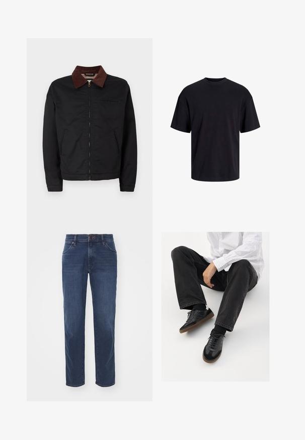 Must must ülikond, millel on pruun puuvillane krae, kaks eesmist taskut ja üks rinnatasku, esitletud tavalise valge tausta taustal.; Must must on mustre, lühikeste varrukatega ja vabalt langev. Sile tekstuur ja ilma nähtavate mustrite või aktsentideta.; Tumed sinised teksad, mis on valmistatud denimist, sirgete jalgade disainiga, klassikalise viie taskuga stiil ja nupuga sulgemine vöökoht. ; Mustad spordijalatsid siledast ja tekstuurilisest ülemisest osast, millel on kummist tald ja tumedad nöörid. Kombineeritud mustade teksade ja valge triibulise särgiga.