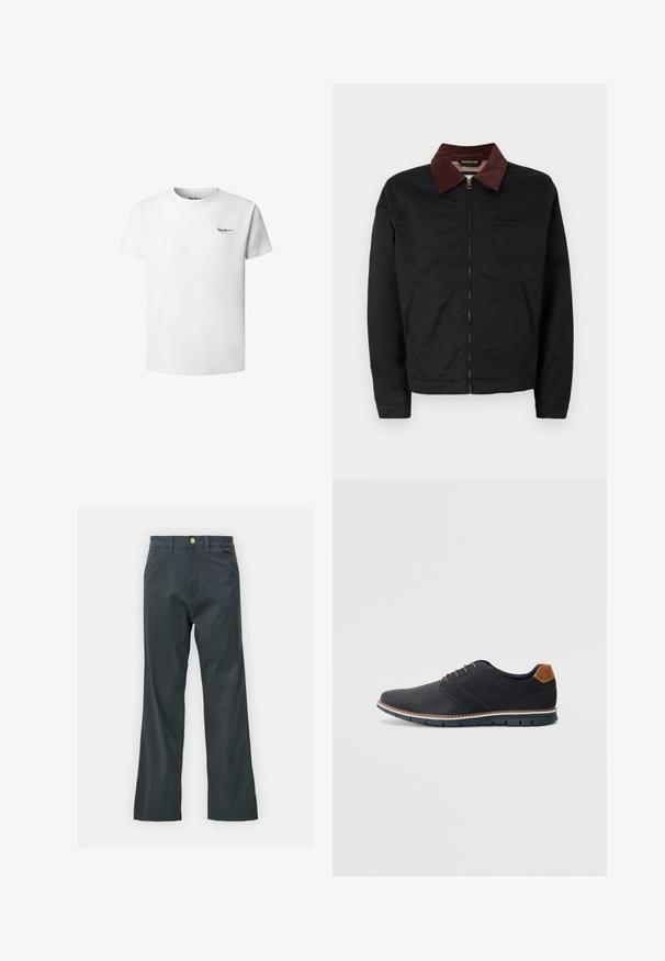 Jaqueta preta com fecho éclair, colarinho de veludo cotelê castanho, dois bolsos frontais e um bolso no peito, exibida sobre um fundo branco liso.; Camiseta de algodão branca com decote redondo, mangas curtas e um pequeno logótipo preto no lado esquerdo do peito. Textura suave, ajuste padrão.; Calças pretas com corte reto, feitas de um tecido em mistura de algodão. Apresenta um fecho com botão metálico e bolsos laterais. Sem padrões visíveis.; Sapatos sintéticos pretos com um upper texturizado, pormenores lisos, salto castanho e uma sola contrastante. Apresentam um sistema de atacadores mínimo e detalhes de costura.
