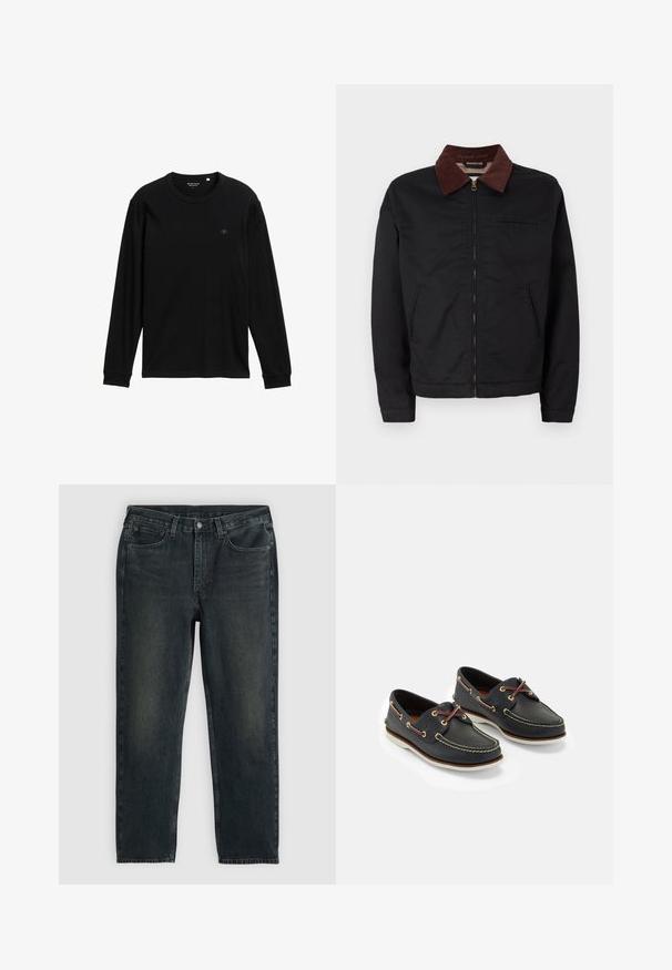 Chaqueta negra con cremallera y cuello de pana marrón, con dos bolsillos frontales y un bolsillo en el pecho, exhibida sobre un fondo blanco liso.; Camiseta negra de manga larga hecha de tela suave; presenta un cuello redondo, puños acanalados y un pequeño logo en el pecho como detalle.; Vaqueros de mezclilla azul oscuro con un corte recto, que cuentan con cinco bolsillos, una cremallera en la bragueta y costuras en contraste. Ligera decoloración en la tela.; Zapatos de barco de cuero azul marino con costuras amarillas, cordones rojos y ojales plateados; punta redonda; suela de goma blanca.