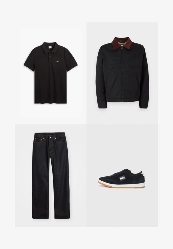 Svart zip-up jacka med brun manchesterkrage, två framfickor och en bröstficka, presenterad mot en enkel vit bakgrund.; Svart polo-shirt i bomull med mjuk textur, tre knappar vid kragen och en liten röd Levi's-logotyp på bröstet.; Svart denimjeans för män med rak passform, fem fickor och orangea sömmar, med knäppning och dragkedja fram i midjan.; Tommy Jeans TJM CUPSOLE - Sneakers - black