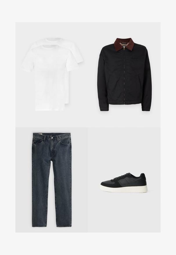 Jaqueta preta com fecho éclair, colarinho de veludo cotelê castanho, dois bolsos frontais e um bolso no peito, exibida sobre um fundo branco liso.; Duas t-shirts simples de algodão branco, com mangas curtas, decote redondo e textura suave e macia, empilhadas ligeiramente desalinhadas.; Jeans de denim azul-escuro com um design de perna reta, cinco bolsos e fecho com botão. O tecido apresenta um desvanecimento sutil e textura.; Fivela preta de cano baixo com pele texturizada e painéis de camurça, sola de borracha branca e atacadores pretos, em fundo claro liso.