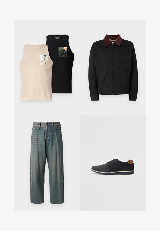 Crna jakna na zatvaranje sa rajsferšlusom i ovratnikom od smeškastog pamuka, sa dva prednja džepa i jednim džepom na grudima, prikazana na jednostavnoj beloj pozadini.; Dva topa: jedan bež s cvjetnom džepom, a drugi crn s lisnatim džepom. Oba su izrađena od glatke tkanine i imaju bezrukavni dizajn.; Svijetloplave traperice s širokim krojem, srednjim pojasom i ravnim nogavicama. Ima pet džepova, petlje za remen i kopčanje na gumb.; Crne sintetičke cipele s teksturiranim gornjim dijelom, glatkim akcentima, smešnim petom i kontrastnom potplatom. Imaju minimalne vezice i detalje šivanja.