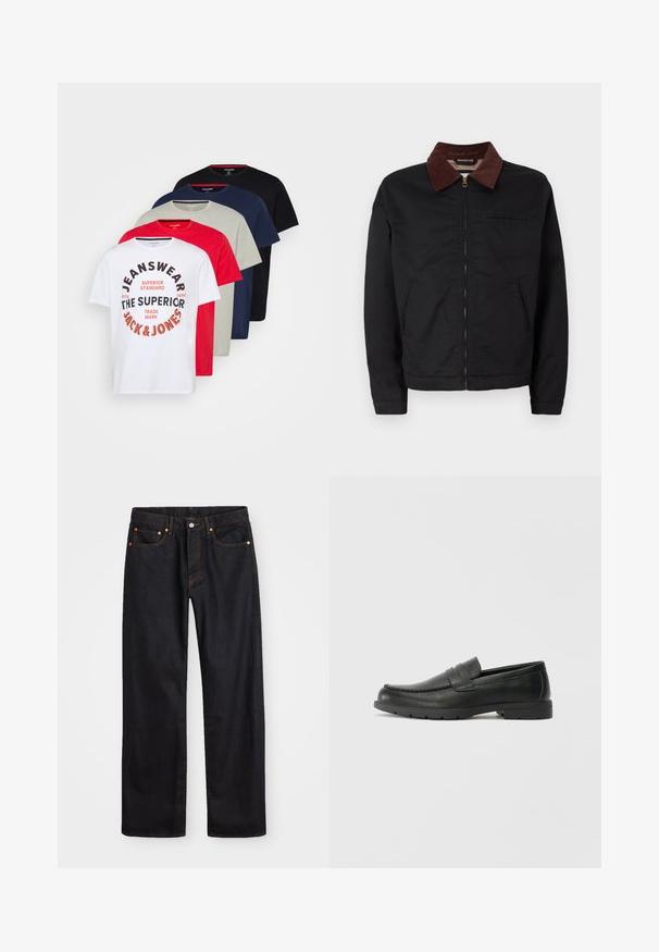 Schwarze Zip-Jacke mit braunem Cordkragen, zwei vorderen Taschen und einer Brusttasche, auf einem schlichten weißen Hintergrund präsentiert.; Fünf Rundhals-T-Shirts in Weiß, Rot, Grau, Marineblau und Schwarz; mit grafischem Text auf dem weißen Shirt; aus Baumwollmaterial, Kurzarm.; Herren gerade geschnittene schwarze Jeans aus Denim mit fünf Taschen und orangefarbenen Nähten, Knopf- und Reißverschluss vorne am Bund.; Schwarze Lederloafers mit glatter Oberfläche, Mokassin-oberteil, genähten Details und Gummisohle. Klassisches Design mit niedrigem Absatz.