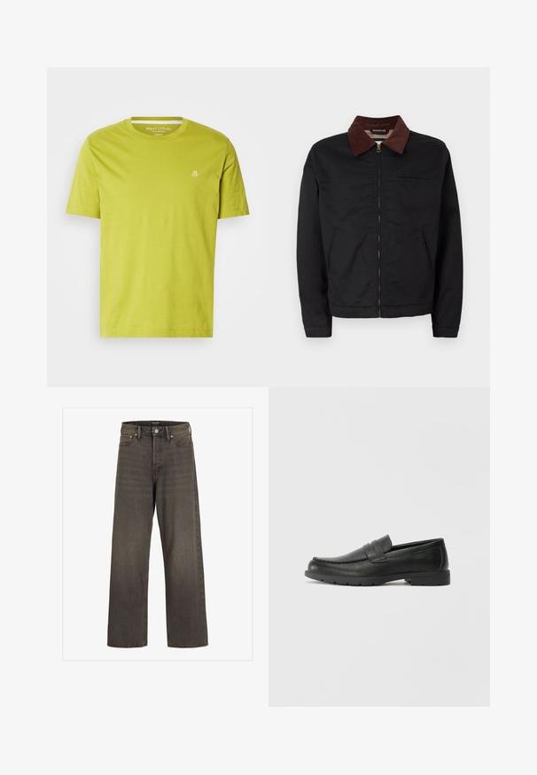 Čierna zipsová bunda s hnedým zamatovým golierom, dvoma prednými vreckami a jedným vreckom na hrudi, vystavená na čistom bielom pozadí.; Krátky rukáv, zelené tričko z bavlny, s okrúhlym výstrihom a malým bielym logom na hrudi. Štandardný strih s hladkou textúrou.; Džínsy s širokými nohavicami v tmavošedej džínsovine, s vysokým pásom, klasickým dizajnom s piatimi vreckami a kontrastným šitím pozdĺž švov.; Čierne kožené mokasíny s hladkým povrchom, vrchnou časťou v štýle mokasín, prešitým detailom a gumovou podrážkou. Klasický dizajn s nízkym podpätkom.