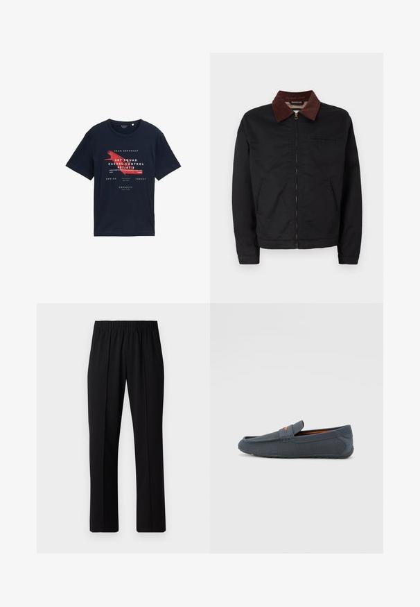 Mustat vetoketjulliset takki ruskealla samettikauluksella, kaksi etupussia ja yksi rintatasku, esillä yksinkertaisella valkoisella taustalla.; Laivasilkkinen puuvillapaita, jossa on pyöreä kaula-aukko, lyhyet hihat ja etupuolella tekstiä punaisilla yksityiskohdilla sekä ilmailuteemaisia suunnitteluyksityiskohtia.; Mustat, joustavat vyötäröhousut suoralla lahkeella, joissa on sileä pinta ilman näkyviä kuvioita tai metalliosia.; Harmaat rei'itetyt loaferit, joissa on liukuva malli, oranssi yksityiskohta, pyöreä kärki ja teksturoitu kumipohja.