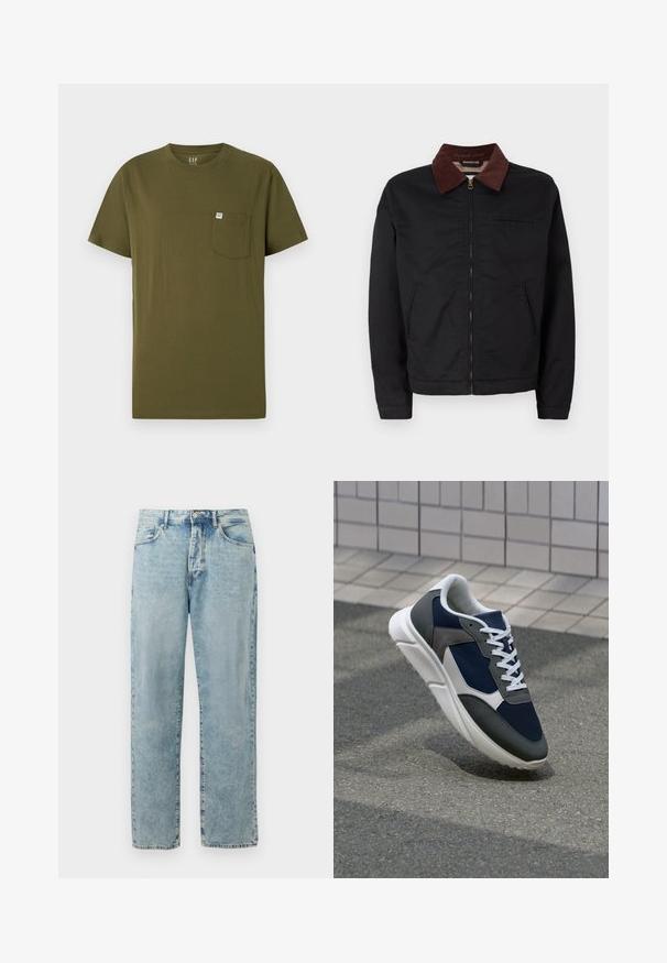 Fekete cipzáras dzseki barna kordbársony gallérral, két elülső zsebbel és egy mellzsebbel, egy sima fehér háttér előtt bemutatva.; Olívazöld pamut póló kerek nyakkal, rövid ujjakkal és bal oldalon mellzsebbel, amelyen egy kis márkacímke található. Simább textúrával.; Világoskék, egyenes szárú farmernadrág gombos és cipzáros záródással, elülső zsebekkel és finom fakulási részletekkel.; Cipő, amelynek sötétkék hálós felsőrésze, szürke velúr díszítései, fehér gumitalpa és lapos fehér fűzője van, a kényelem és a légáteresztő képesség érdekében tervezve.