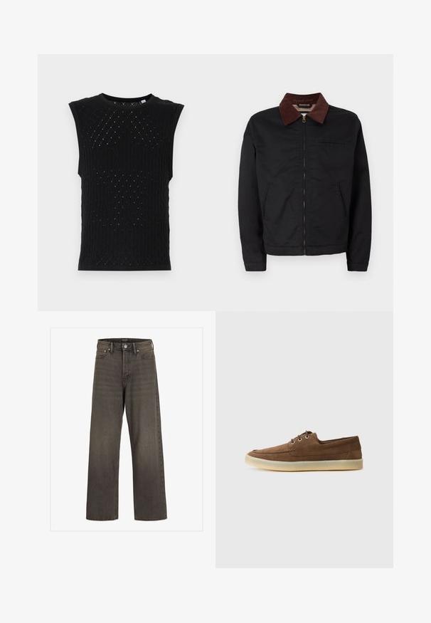 Melnas zip-up jaka ar brūnu korduroja apkakli, divām priekšējām kabatām un vienu krūšu kabatu, izvietota uz vienkārša balta fona.; Melns bezceļš adīts tops ar teksturētu rakstu, kas satur dimanta formas un mazas caurumiņas. Ietver apaļu kakla izgriezumu un ribotu apdari.; Platas kājas džinsi tumši pelēkā denima, ar augstu jostasvietu, klasisku piecu kabatu dizainu un kontrastējošām šuvēm.; Brūni zamša apavi ar zemu profilu, auklētu dizainu, gumijas zoli un kontrastējošiem šuvumiem. Vienkāršs un funkcionāls stils.