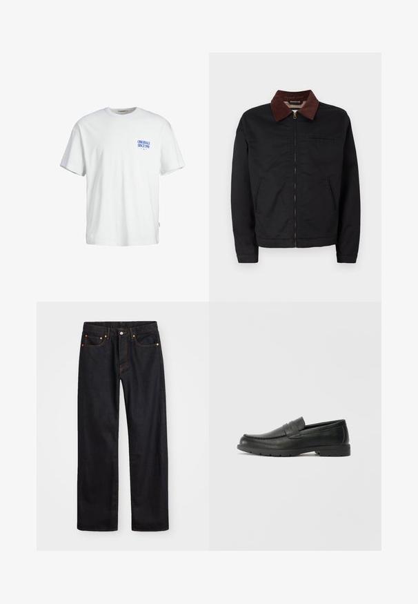 Čierna zipsová bunda s hnedým zamatovým golierom, dvoma prednými vreckami a jedným vreckom na hrudi, vystavená na čistom bielom pozadí.; Biela bavlnená tričko s voľným strihom, s modrým textom "ORIGINALS SINCE 1990" na ľavej hrudi a tkanou nášivkou na boku.; Pánske rovné čierne riflové nohavice s piatimi vreckami a oranžovým prešívaním, s gombíkom a zipsom na prednom páse.; Čierne kožené mokasíny s hladkým povrchom, vrchnou časťou v štýle mokasín, prešitým detailom a gumovou podrážkou. Klasický dizajn s nízkym podpätkom.