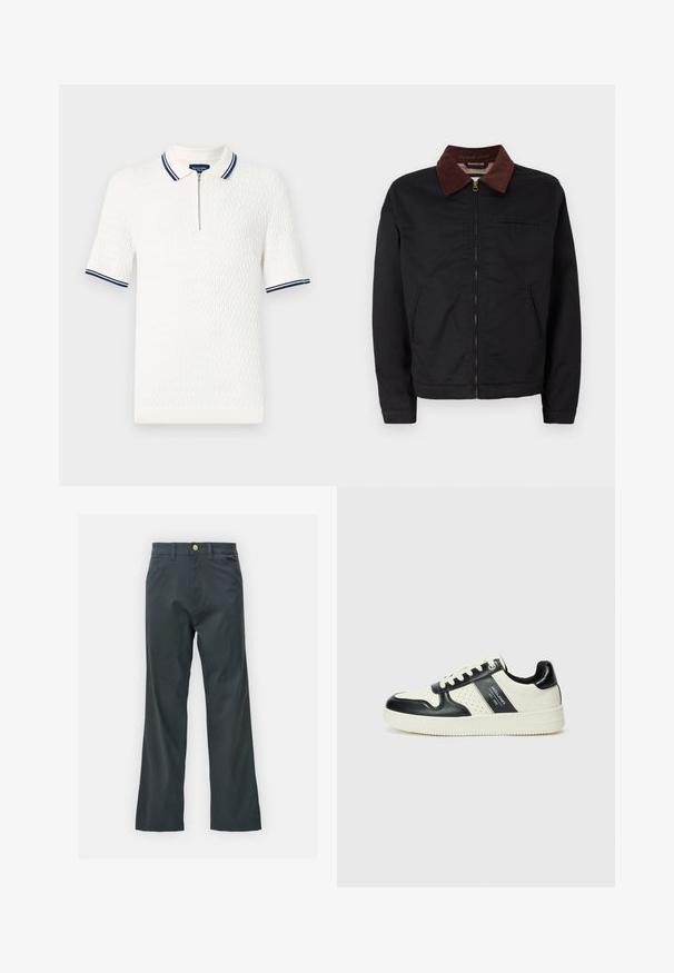 Fekete cipzáras dzseki barna kordbársony gallérral, két elülső zsebbel és egy mellzsebbel, egy sima fehér háttér előtt bemutatva.; Fehér, rövid ujjú polo ing textúrált mintával, cipzáros nyakkal és sötétkék csíkos díszítéssel a galléron és az ujjakon.; Fekete nadrág egyenes szárú fazonban, pamut keverék anyagból készült. Fém gombos záródással és oldalsó zsebekkel rendelkezik. Nincs látható mintázat.; Fekete és krém színű bőrsneaker, perforált díszítésekkel, párnázott bokapánttal és texturált talppal.