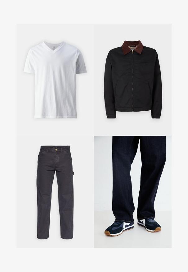 Črna zip-up jakna z rjavim žametnim ovratnikom, z dvema sprednjima žepoma in enim žepom na prsih, prikazana na enobarvni beli podlagi.; Majica s kratkimi rokavi, z V-izrezom, bela, izdelana iz bombaža. Ima enostaven dizajn z gladko teksturo in sproščenim krojem.; Temno sivi cargo hlače iz trpežnega materiala, z ravnim krojem nogavic, petimi žepi in gumbom za zapiranje v pasu.; Mornarsko modri in beli športni čevlji z teksturiranim zgornjim delom, vezalkami in gumijastim podplatom, v kombinaciji s temno denim hlačami z oranžnim šivom.