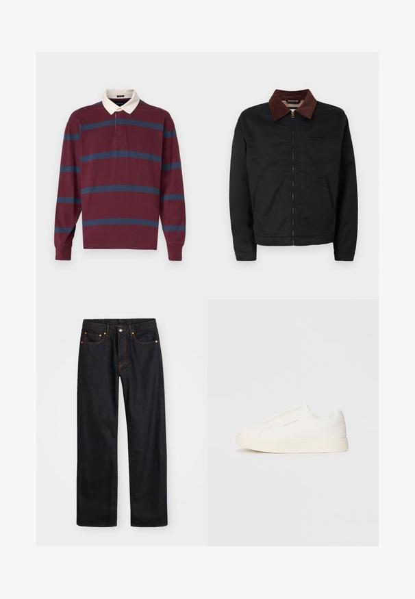 Zwarte ritsjack met bruine corduroy kraag, twee voorzakken en één borstzak, weergegeven op een effen witte achtergrond.; Bordeaux-poloshirt met lange mouwen, voorzien van marineblauwe en lichtblauwe strepen, met een contrasterende witte kraag en een placket met twee knopen.; Heren straight-leg zwarte denim jeans met vijf zakken en oranje stiksels, knoop- en ritssluiting op de voorkant van de tailleband.; Witte instap sneakers met een gestructureerd oppervlak, een dikke zool en een minimalistisch ontwerp. Bevat het merklogo aan de zijkant.