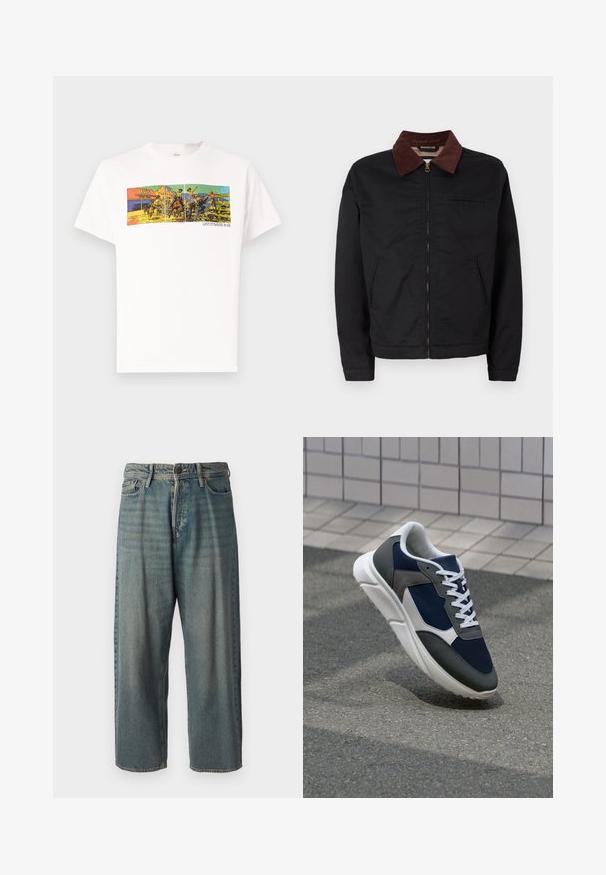 Črna zip-up jakna z rjavim žametnim ovratnikom, z dvema sprednjima žepoma in enim žepom na prsih, prikazana na enobarvni beli podlagi.; Bela bomba majica iz bombaža z barvnim grafičnim tiskom, ki prikazuje zahodno prizor z besedilom "LEVI STRAUSS & CO." na dnu.; Svetlomoderne kavbojke z ohlapnim krojem, srednjim pasom in ravnimi nogami. Imajo pet žepov, zanke za pas in zapiranje na gumb.; Superge z zgornjim delom iz mrežaste tkanine v mornarsko modri barvi, sivi usnjeni poudarki, belo gumijasto podplato in ravnimi belimi vezalkami, zasnovane za udobje in zračnost.