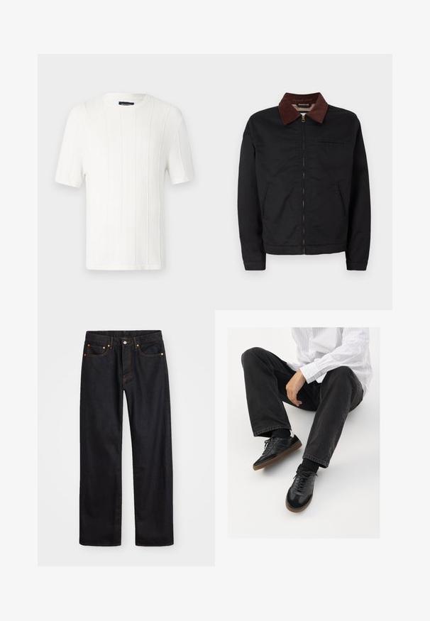 Chaqueta negra con cremallera y cuello de pana marrón, con dos bolsillos frontales y un bolsillo en el pecho, exhibida sobre un fondo blanco liso.; Suéter de punto blanco de manga corta con una textura acanalada, cuello redondo y patrón sutil. Tejido ligero con forma ligeramente entallada.; Jeans de mezclilla negros de pierna recta para hombre, con cinco bolsillos y costuras en color naranja, cierre de botón y cremallera en la parte delantera de la cintura.; Zapatillas negras con una parte superior suave y texturizada, que cuentan con una suela de goma y cordones oscuros. Combinadas con jeans negros y una camisa blanca a rayas.