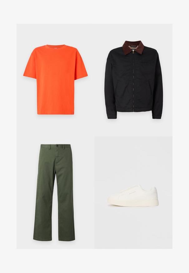 Juodas užtrauktukas striukė su rudų kordūro apykakle, dviem priekinėm kišenėm ir viena krūtinės kišene, pristatyta ant paprasto balto fono.; Trumpas rankovėmis T-palaidinėje ryškiai oranžinės spalvos medvilnė, su apvalia iškirpte ir laisvu siluetu, minimalus detalizavimas paprastam dizainui.; Žalios plačios kelnės, pagamintos iš medvilnės mišinio, su sagute, dirželio kilpomis ir subtilia vertikalia tekstūra.; Baltos slip-on sportbačiai su tekstūruota paviršiumi, storesniu padu ir minimalistišku dizainu. Šone matosi prekės ženklo logotipas.