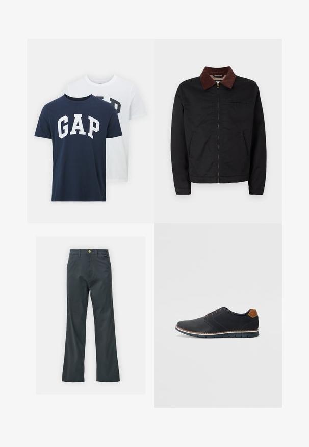 Jaqueta preta com fecho éclair, colarinho de veludo cotelê castanho, dois bolsos frontais e um bolso no peito, exibida sobre um fundo branco liso.; Duas t-shirts da GAP; uma azul marinho com o logótipo "GAP" em branco, a outra branca com o logótipo "GAP" em verde escuro. Feitas de algodão, design de gola redonda.; Calças pretas com corte reto, feitas de um tecido em mistura de algodão. Apresenta um fecho com botão metálico e bolsos laterais. Sem padrões visíveis.; Sapatos sintéticos pretos com um upper texturizado, pormenores lisos, salto castanho e uma sola contrastante. Apresentam um sistema de atacadores mínimo e detalhes de costura.