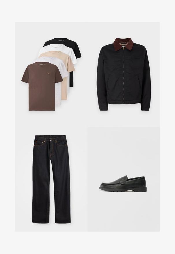Must must ülikond, millel on pruun puuvillane krae, kaks eesmist taskut ja üks rinnatasku, esitletud tavalise valge tausta taustal.; Viis lühikeste varrukatega T-särki pruunis, hallis, beežis, valges ja mustas, millel on ümmargune kaelus ja pehme, sile puuvillane kanga.; Meeste sirge jala mustad denim teksad viie taskuga, oranž õmblus, nupu ja tõmblukuga ees nagu vöökoht.; Musthave nahkkingad siledast nahast, mokassiini stiilis ülevalt, tikanditega ja kummist tallaga. Klassikaline disain madala kontsaga.
