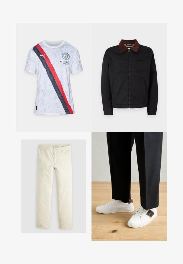 Černá zipová bunda s hnědým kordovým límcem, dvěma předními kapsami a jednou náprsní kapsou, vystavená na jednoduchém bílém pozadí.; Bílý dres s krátkým rukávem se červeným a černým diagonálním pruhem, grafickým vzorem, logem Manchester City a brandingem Puma.; Svetlé béžové volné kalhoty s třemi kapsami, poutky na opasek a rovnými nohavicemi. Vyrobeno z měkké směsi bavlny.; Bílé tenisky s hladkým povrchem, s hnědými koženými akcenty a černými detaily, kombinované s černými kalhotami na míru. Pozadí tvoří dřevěná podlaha.