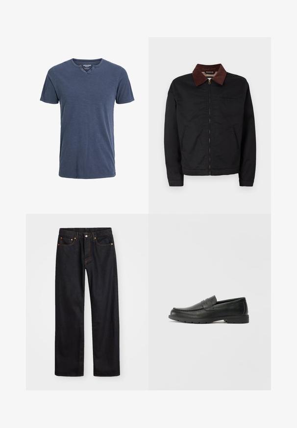Jaqueta preta com fecho éclair, colarinho de veludo cotelê castanho, dois bolsos frontais e um bolso no peito, exibida sobre um fundo branco liso.; T-shirt azul-marinho de mangas curtas, feito de tecido macio, com um decote em V adornado com dois botões de um lado e um corte relaxado.; Calças de ganga pretas para homem, de pernas retas, com cinco bolsos e costura laranja, fecho de botão e zíper na cintura da frente.; Sapatos mocassins de couro preto com acabamentos lisos, parte superior em estilo mocassins, detalhes em costura e sola de borracha. Design clássico com um salto baixo.