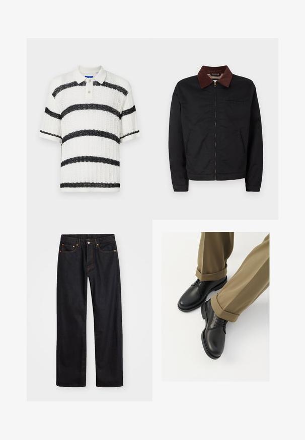 Chaqueta negra con cremallera y cuello de pana marrón, con dos bolsillos frontales y un bolsillo en el pecho, exhibida sobre un fondo blanco liso.; Polo blanco de manga corta con tejido texturizado, que presenta amplias franjas negras horizontales y un cuello de tres botones con botones transparentes.; Jeans de mezclilla negros de pierna recta para hombre, con cinco bolsillos y costuras en color naranja, cierre de botón y cremallera en la parte delantera de la cintura.; Zapatos de dress de cuero negro con un acabado suave, con cordones y punta redondeada, combinados con pantalones caqui arremangados.
