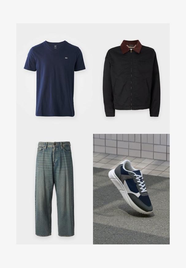 Sort lynlåsjakke med brunt corduroy-krave, to frontlommer og en brystlomme, vist på en ensfarvet hvid baggrund.; Mørkeblå bomulds t-shirt med v-hals, korte ærmer og et lille broderet logo på brystet. Blød tekstur og afslappet design.; Lyseblå denim jeans med løs pasform, mellemhøj talje og lige ben. Har fem lommer, bæltestropper og en knappelukning.; Sneakers med en overdel i marineblå mesh, grå suedeteksturer, hvid gummisål og flade hvide snørebånd, designet til komfort og åndbarhed.