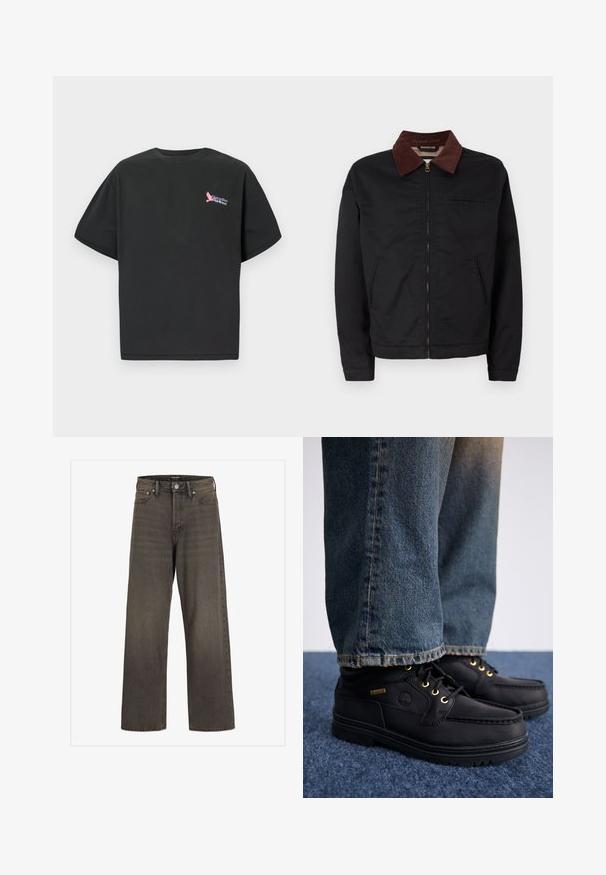 Svart zip-up jakke med brun kordfløyelskrage, to frontlommer og en brystlomme, vist mot en enkel hvit bakgrunn.; Svart bomull t-skjorte med korte ermer, med en fargerik "Paradiso Airlines" logo på venstre bryst. Standard rund hals-design.; Videbukser i mørkegrå denim, med høj talje, klassisk fem-lomme design og kontrasterende syninger langs sømmene.; Sorte lærko med guldfarvede øjer og en stribet overflade, parret med blå denim jeans. Skoene har en lagdelt sål og et branddetails.