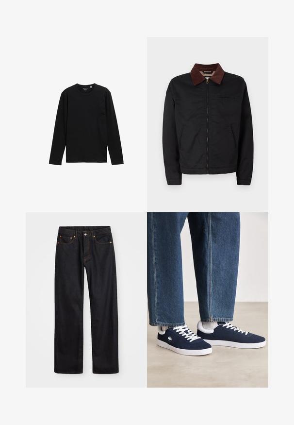 Schwarze Zip-Jacke mit braunem Cordkragen, zwei vorderen Taschen und einer Brusttasche, auf einem schlichten weißen Hintergrund präsentiert.; Schwarzes langärmliges T-Shirt aus Rippstoff, mit Rundhalsausschnitt und lässiger Passform, ohne zusätzliche Muster oder Verzierungen.; Herren gerade geschnittene schwarze Jeans aus Denim mit fünf Taschen und orangefarbenen Nähten, Knopf- und Reißverschluss vorne am Bund.; Blaue Leinenschuhe mit weißen Schnürsenkeln und Gummisohlen, präsentiert mit Jeanshosen und grauen gerippten Socken, auf einer hellgrauen Fläche.