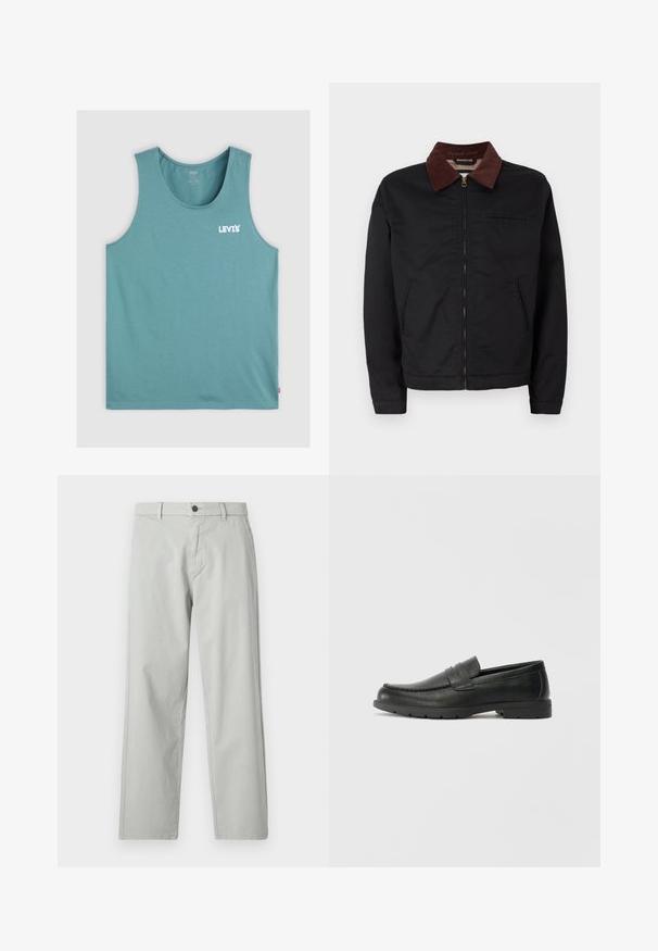 Jaqueta preta com fecho éclair, colarinho de veludo cotelê castanho, dois bolsos frontais e um bolso no peito, exibida sobre um fundo branco liso.; Top de tanque turquesa feito de algodão macio, com decote redondo e o logótipo "LEVI'S" em branco no lado esquerdo da frente. Barra inferior uniforme.; Calças cinza-claro, de perna reta, feitas de um tecido suave e tecido. Apresentam um fecho frontal com botão e bolsos laterais. Estilo minimalista.; Sapatos mocassins de couro preto com acabamentos lisos, parte superior em estilo mocassins, detalhes em costura e sola de borracha. Design clássico com um salto baixo.