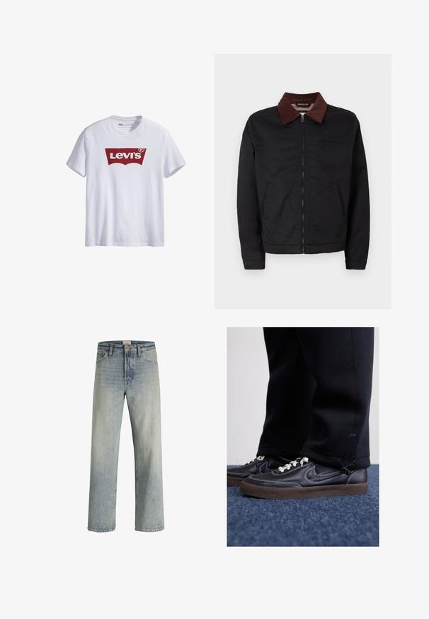 Black zip-up jacket with brown corduroy collar, two front pockets, and one chest pocket, displayed on a plain white background.; White cotton t-shirt featuring a large red Levi's logo centered on the chest; short sleeves and a round neckline.; Light blue denim jeans with a straight-leg design, high waist, and subtle fading. Features five pockets and a traditional button fly.; Nike Sportswear KILLSHOT 2 LTR PRM OPP2 - Trainers - black sail baroque brown mtlc dk grey