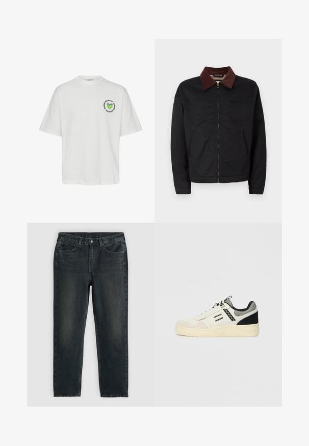 Crna jakna na zatvaranje sa rajsferšlusom i ovratnikom od smeškastog pamuka, sa dva prednja džepa i jednim džepom na grudima, prikazana na jednostavnoj beloj pozadini.; Bijela pamučna majica s okruglim grafičkim uzorkom koji prikazuje zeleni srce i natpis. Kratki rukavi i dizajn s okruglim izrezom. Redovita veličina.; Tamno plavi traperice s ravnim krojem, koje imaju pet džepova, rajsferšlus i kontrastne šavove. Diskretno izbljeđivanje na tkanini.; Bijela tenisica s teksturiranim gornjim dijelom od nubuka i kože, crnim detaljima, mrežastim ovratnikom, vezanjem i debelim gumenim potplatom.