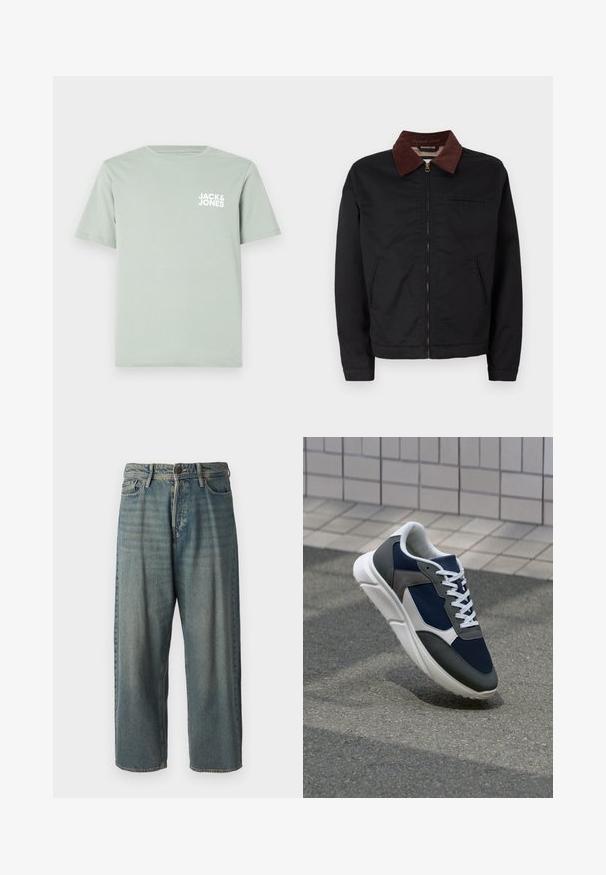 Black zip-up jacket with brown corduroy collar, two front pockets, and one chest pocket, displayed on a plain white background.; Light green cotton t-shirt with a round neckline and short sleeves. Features a white logo "JACK & JONES" printed on the left chest.; Light blue denim jeans with a loose fit, mid-rise waist, and straight legs. Features five pockets, belt loops, and a button closure.; Sneaker featuring a navy blue mesh upper, gray suede accents, white rubber sole, and flat white laces, designed for comfort and breathability.