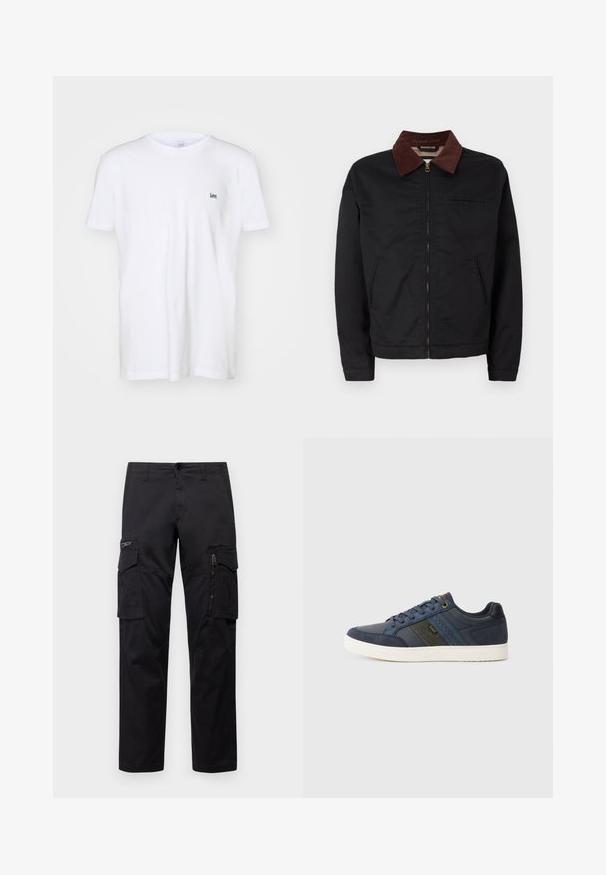 Črna zip-up jakna z rjavim žametnim ovratnikom, z dvema sprednjima žepoma in enim žepom na prsih, prikazana na enobarvni beli podlagi.; Bela bombažna majica s kratkimi rokavi, ki ima na levem prsnem delu malo vezeno črno "Lee" logo. Preprost, klasičen dizajn.; Črne cargo hlače z več žepi, z zadrgo na stegnu, ravnim krojem in trdnim bombažnim materialom z rahlo sijajem.; Temno modri nizki športni copati z belim podplatom, vezalnim sprednjim delom, paneli iz semiša in usnja ter stransko črto s podrobnostmi in logotipom "Lee".