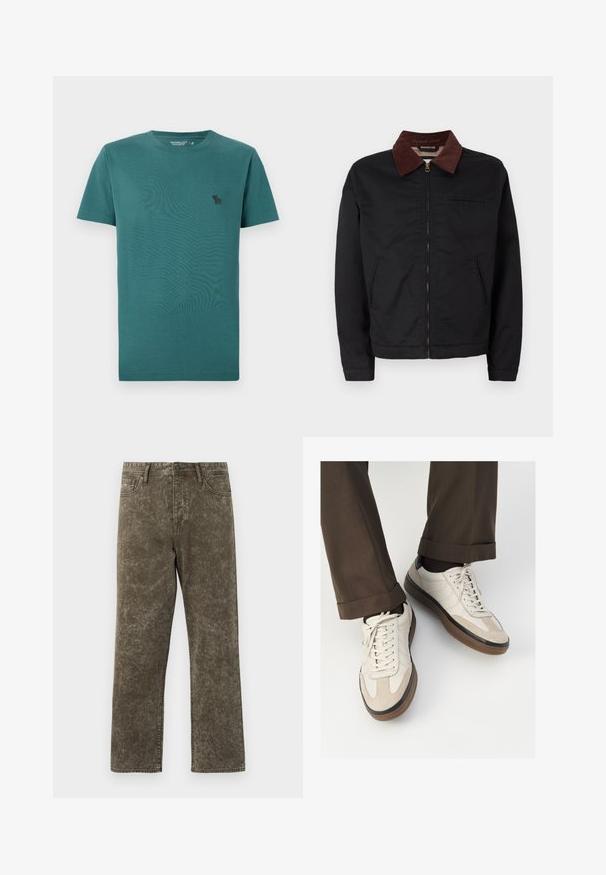 Black zip-up jacket with brown corduroy collar, two front pockets, and one chest pocket, displayed on a plain white background.; Short-sleeve, crew neck t-shirt in teal cotton. Features a small black logo on the chest and a smooth, soft texture.; Olive green denim jeans with a faded, textured appearance. Straight leg design with front pockets and metal button closure.; Beige sneakers with a textured suede front, smooth leather sides, and a brown rubber sole. Laces and light stitching detail included.