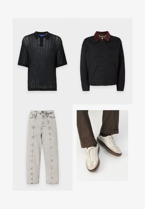 Černá zipová bunda s hnědým kordovým límcem, dvěma předními kapsami a jednou náprsní kapsou, vystavená na jednoduchém bílém pozadí.; Černá polo košile s krátkým rukávem a tkanou texturou, se límcem, knoflíky a žebrovanými manžetami. Vyrobena z lehkého materiálu.; Šedé kalhoty s vysokým pasem a volným střihem, s rovným střihem nohavic, viditelným šitím a opranou texturou.; Béžové tenisky s texturovanou semišovou špičkou, hladkými koženými boky a hnědou gumovou podrážkou. Na šněrování a lehkém prošití je detail.