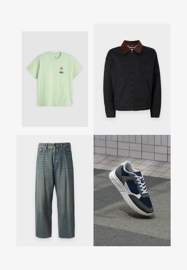 Black zip-up jacket with brown corduroy collar, two front pockets, and one chest pocket, displayed on a plain white background.; Light green cotton t-shirt, short sleeves, crew neck. Features a sun graphic in light orange and a green Levi's logo on the left chest.; Light blue denim jeans with a loose fit, mid-rise waist, and straight legs. Features five pockets, belt loops, and a button closure.; Sneaker featuring a navy blue mesh upper, gray suede accents, white rubber sole, and flat white laces, designed for comfort and breathability.