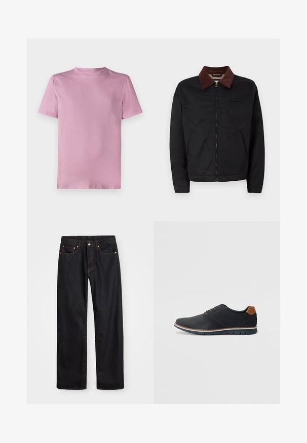 Black zip-up jacket with brown corduroy collar, two front pockets, and one chest pocket, displayed on a plain white background.; Pink cotton t-shirt with a crew neck, short sleeves, and a smooth texture. Simple, unembellished design with no logos or patterns.; Men’s straight-leg black denim jeans with five pockets and orange stitching, button and zip closure on front waistband.; Black synthetic shoes with a textured upper, smooth accents, brown heel, and a contrasting sole. Features minimal lacing and stitch details.