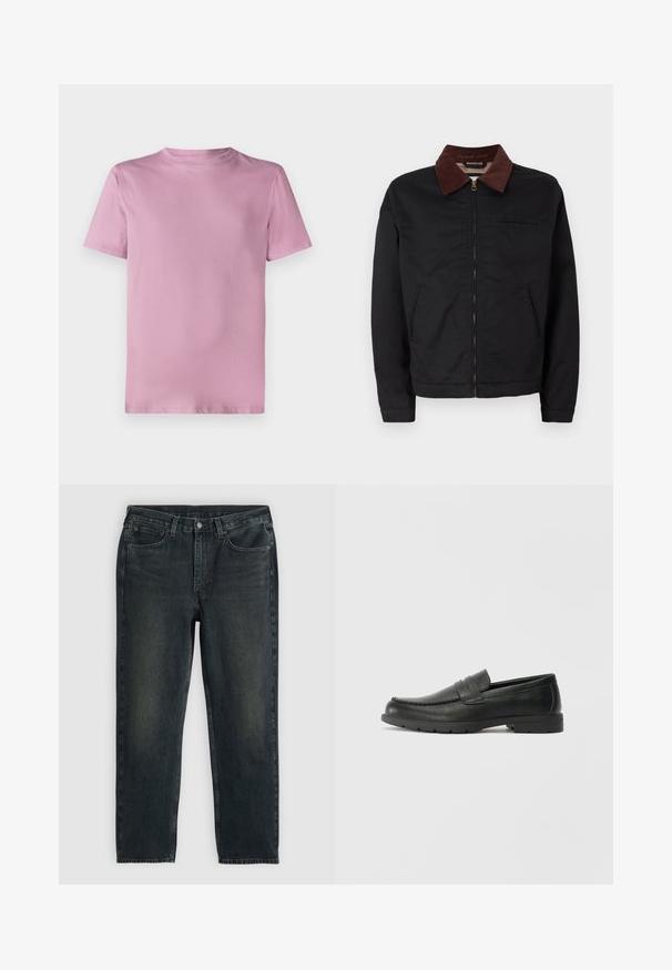 Jaqueta preta com fecho éclair, colarinho de veludo cotelê castanho, dois bolsos frontais e um bolso no peito, exibida sobre um fundo branco liso.; T-shirt de algodão rosa com gola redonda, mangas curtas e uma textura suave. Design simples, sem ornamentação, sem logótipos ou padrões.; Jeans de denim azul-escuro com corte reto, apresentando cinco bolsos, fecho de zip e costura em contraste. Desgaste sutil no tecido.; Sapatos mocassins de couro preto com acabamentos lisos, parte superior em estilo mocassins, detalhes em costura e sola de borracha. Design clássico com um salto baixo.