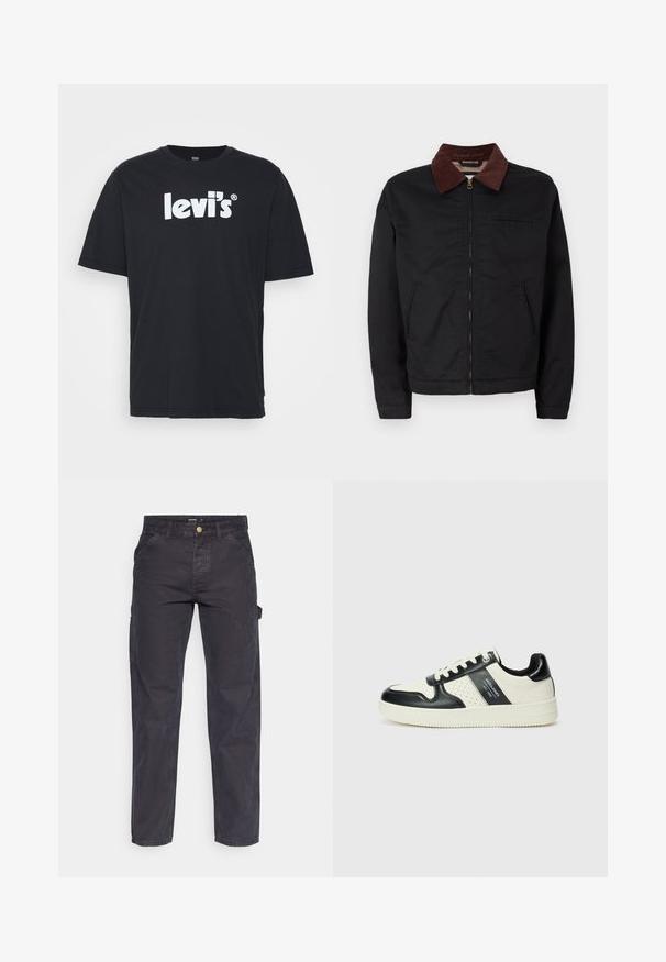 Svart zip-up jacka med brun manchesterkrage, två framfickor och en bröstficka, presenterad mot en enkel vit bakgrund.; Levi's® RELAXED FIT - T-shirt med print - caviar; Mörkgrå cargobyxor i slitstark tyg, med rak benform, fem fickor och knappstängning i midjan.; Läder sneakers med en svart och krämfärgad färgsättning, med perforerade detaljer, en vadderad krage och en strukturerad yttersula.