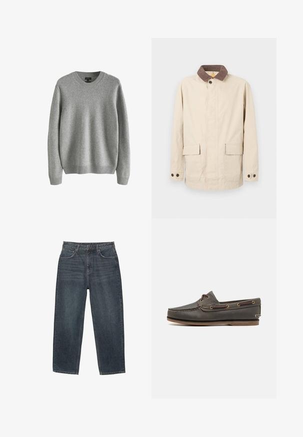 Béžová bunda vyrobená z bavlny s hnědým sametovým límcem, se dvěma předními kapsami a knoflíkovými akcenty na manžetách.; Šedý pletený svetr s kulatým výstřihem, ribbovanými manžetami a lemem, s měkkou texturou a volným střihem. Žádné viditelné vzory nebo akcenty.; Tmavě modré džínové kalhoty s rovným střihem, pěti kapsami, poutky na opasek a jemným vyblednutím materiálu. Stehování na lemu.; Tmavě hnědé kožené lodní boty s nízkým profilem, vybavené mosaznými očky a kontrastním prošíváním, plochou gumovou podrážkou a texturovaným povrchem.